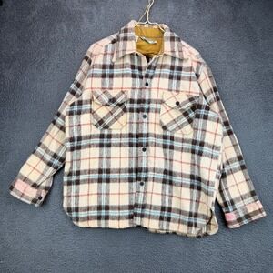 Brigham Vintage 70s Men Large Wool Linen Plaid Flannel Shirt Jacket Cream Brown